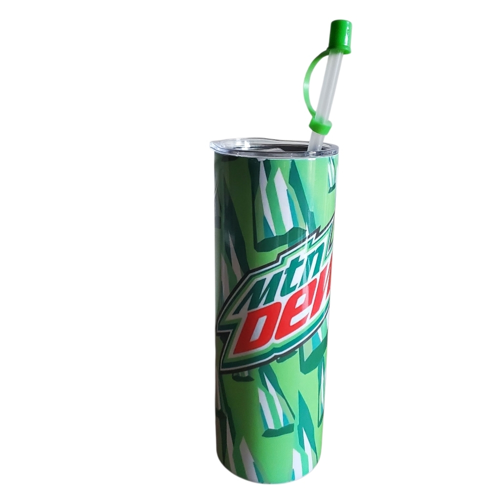 NEW Mountain Dew 20 oz‎ Insulated Stainless Steel Tumbler Clear Lid, Straw w/Cap